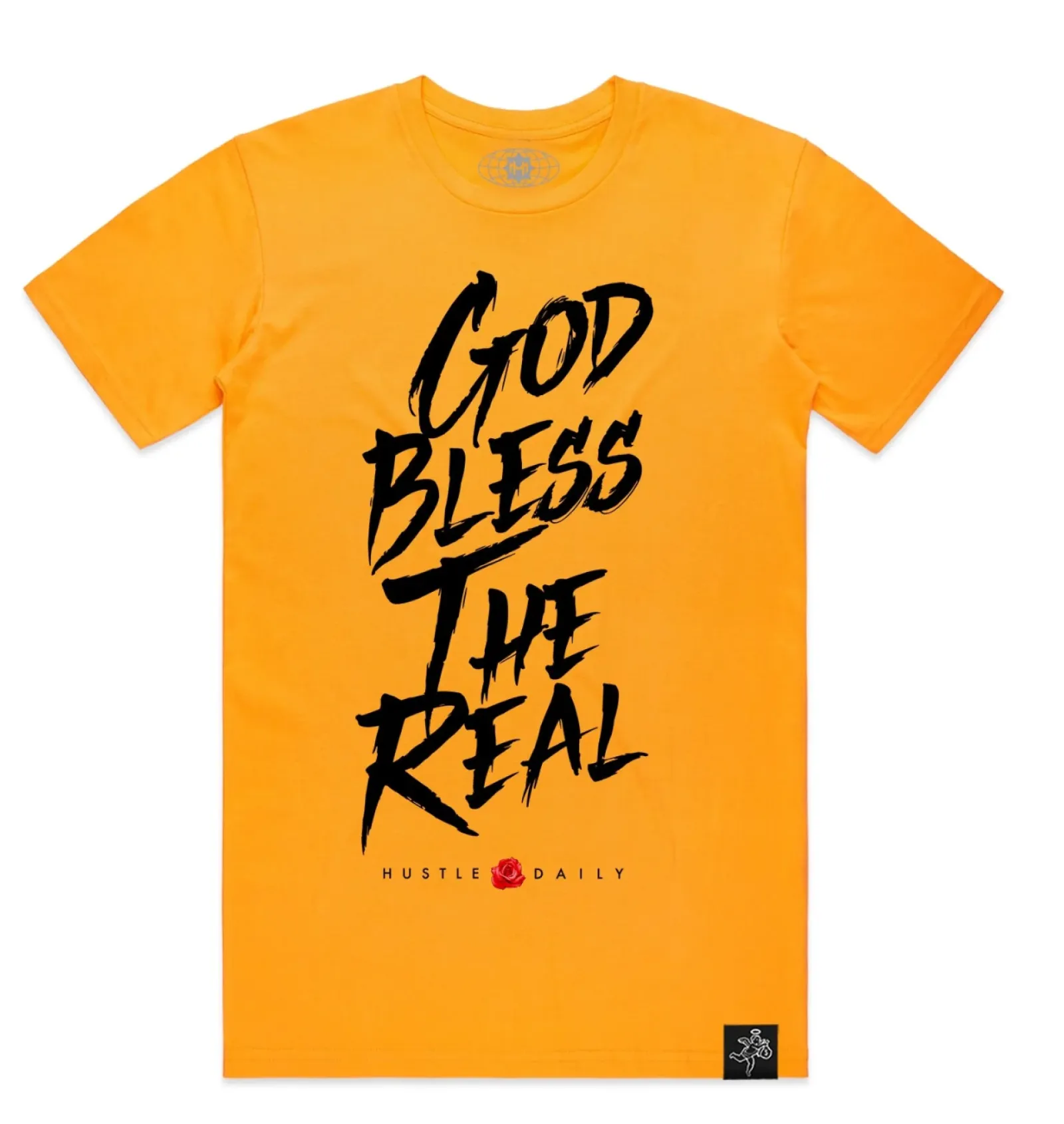 a yellow t-shirt with black text