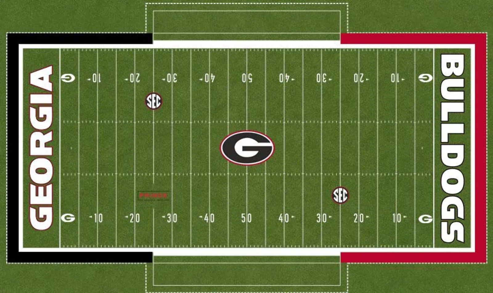 Aerial view of University of Georgia football field with Georgia and Bulldogs end zones and SEC logos.