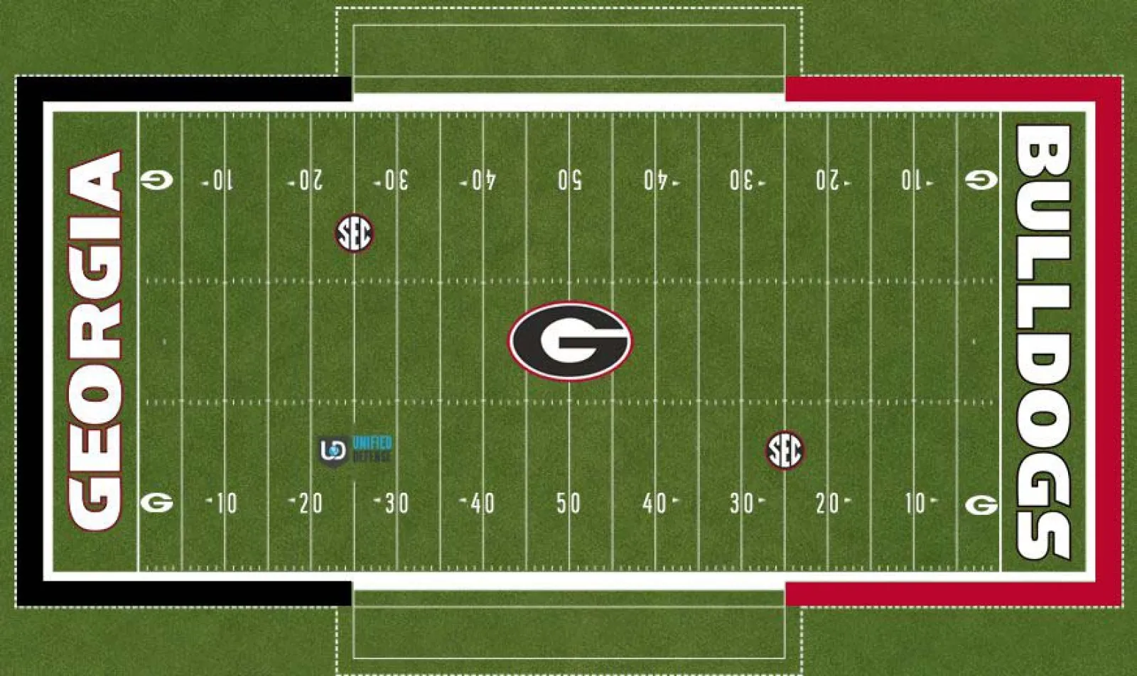 Aerial view of University of Georgia Bulldogs football field with logo and end zones named Georgia and Bulldogs.