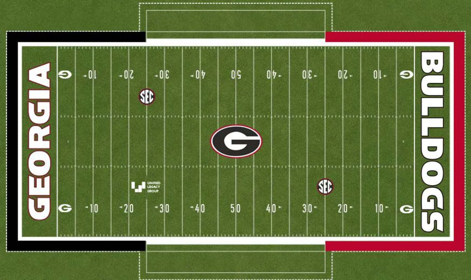 Aerial view of the University of Georgia Bulldogs football field with logos and marked yard lines.