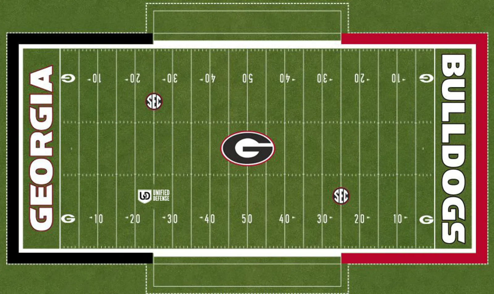 Aerial view of Georgia Bulldogs football field with team logo and end zone text on green turf.