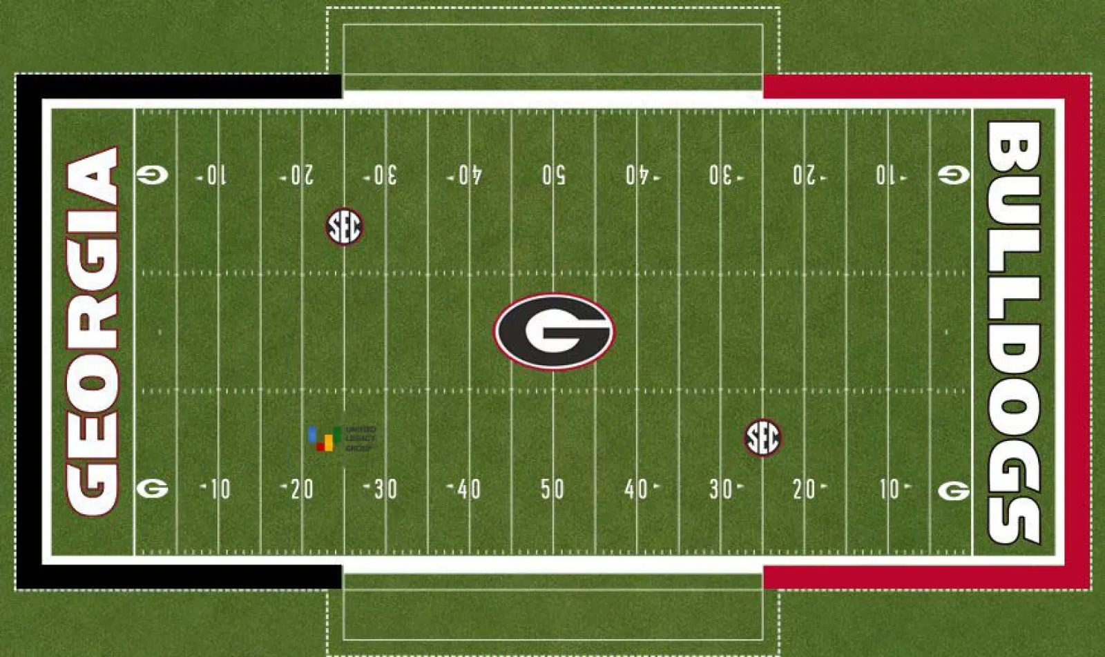 Aerial view of Georgia Bulldogs football field with green turf and team logos at midfield and end zones