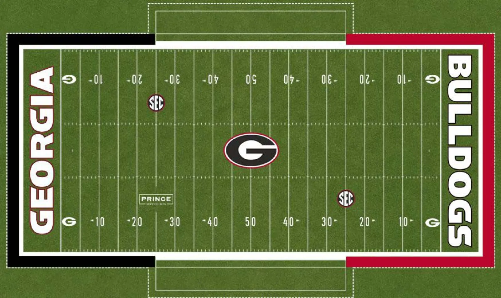 Aerial view of Georgia Bulldogs football field with logo and marked yard lines on green turf.