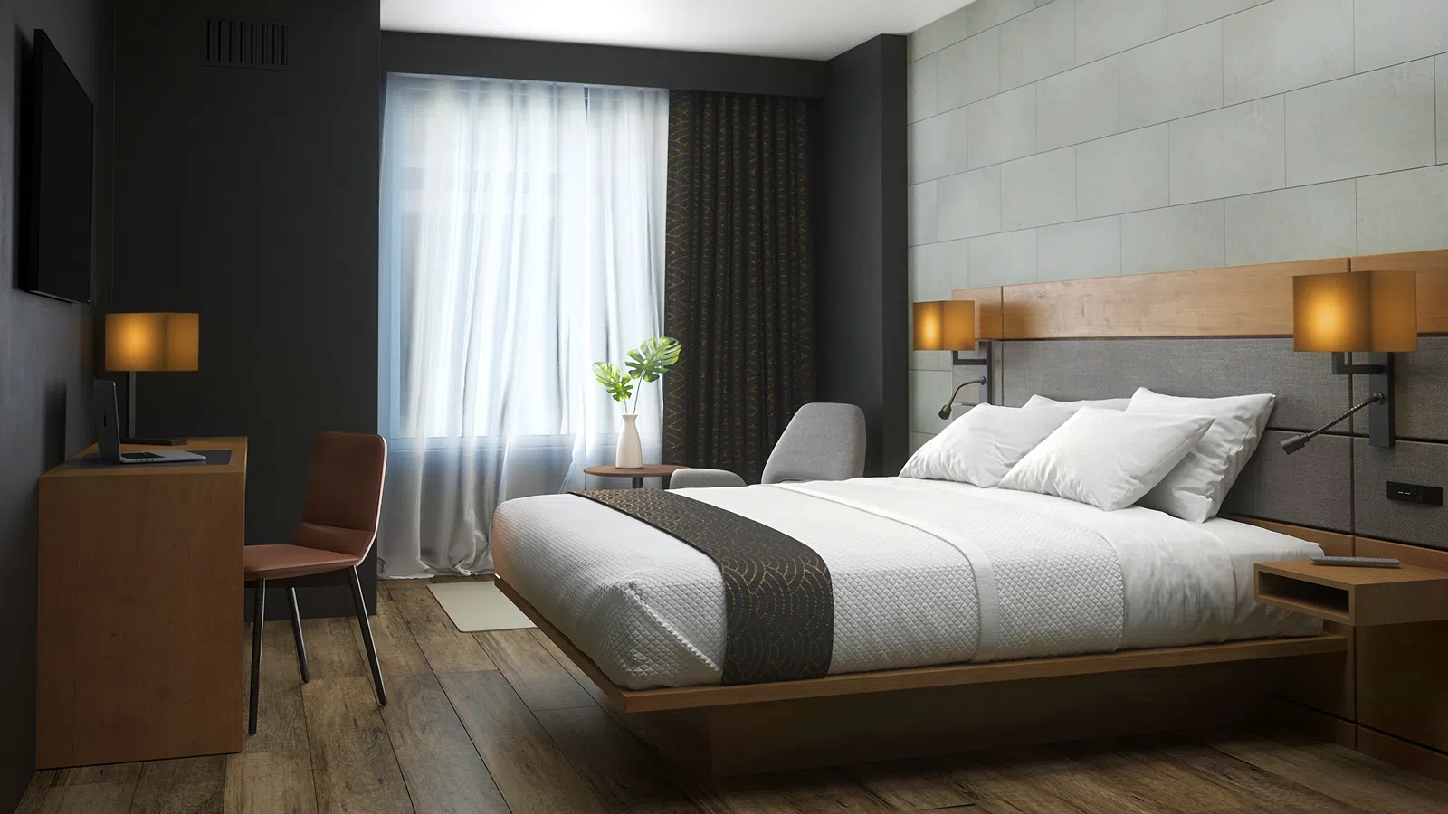 Modern hotel room with a queen bed, wooden furniture, floor lamp, and a large window with white curtains.