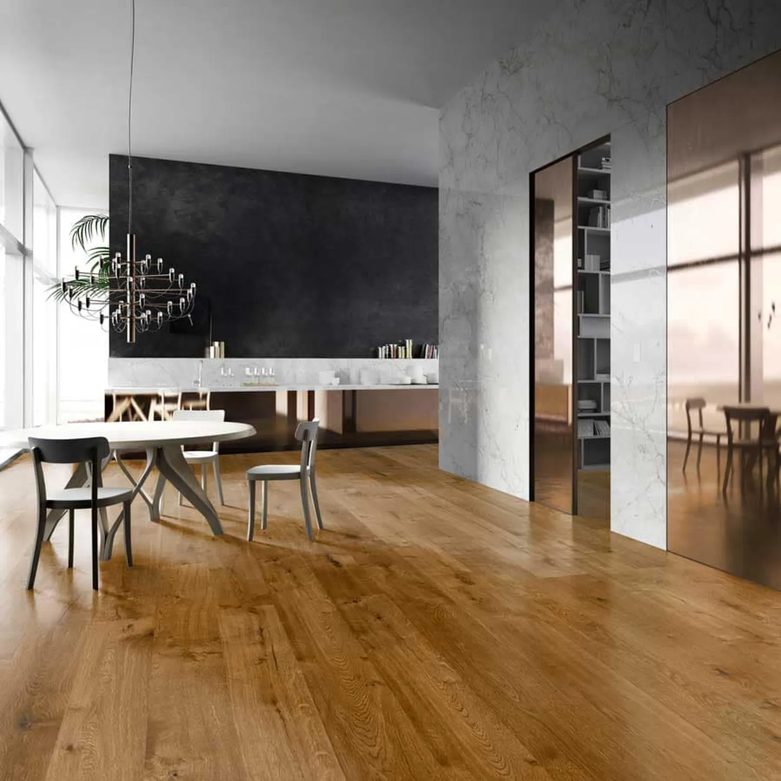 Modern dining area with wooden flooring, round table, chairs, black wall, and marble accents in bright room