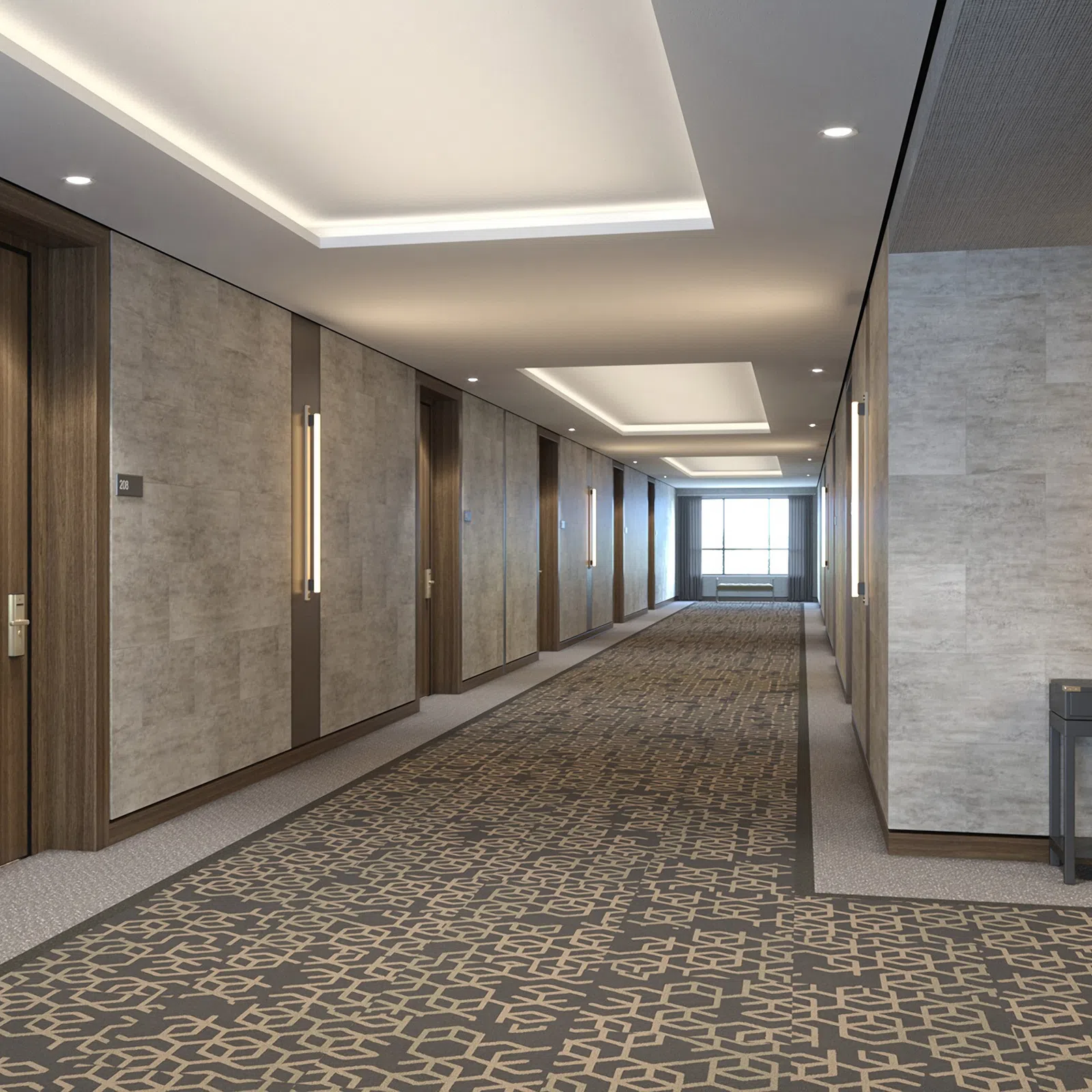 Modern hotel corridor with patterned carpet, wooden doors, wall sconces, and recessed ceiling lights.