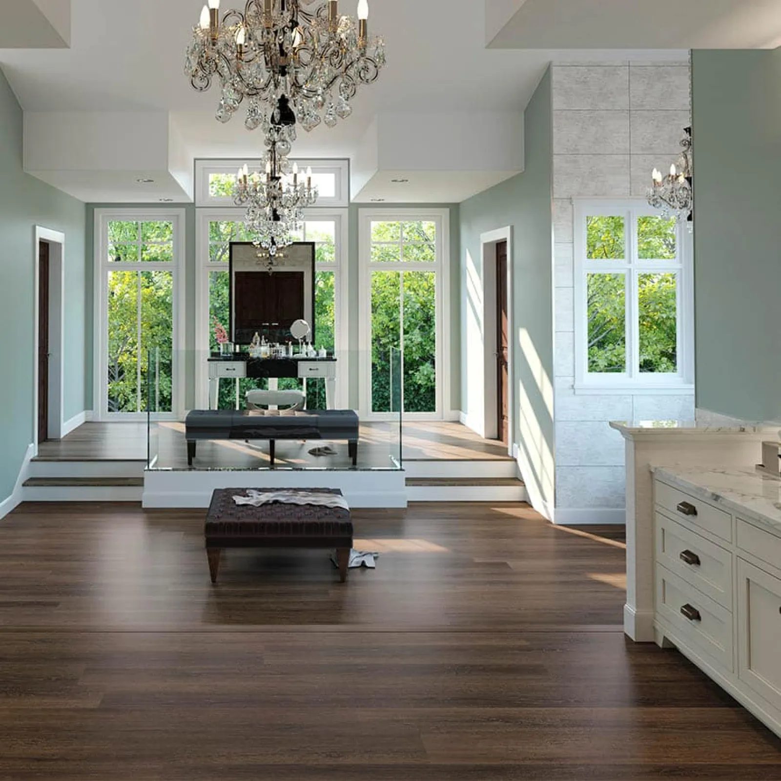 Spacious modern room with dark wood flooring, crystal chandeliers, large windows, and a vanity mirror setup.