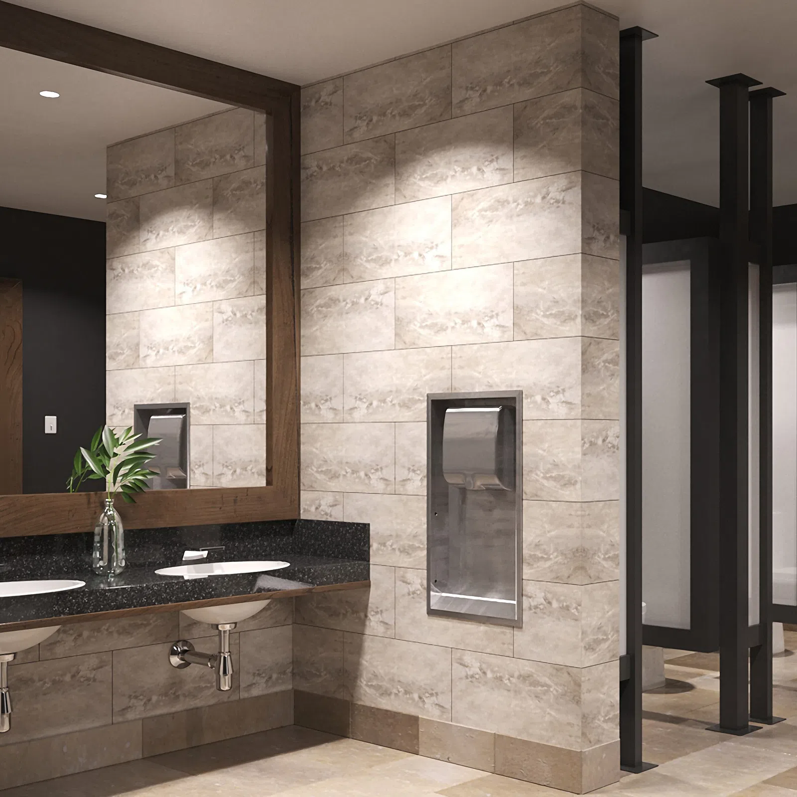 Modern restroom with dual sinks, large mirror, hand dryer, and beige tiled walls and floor.