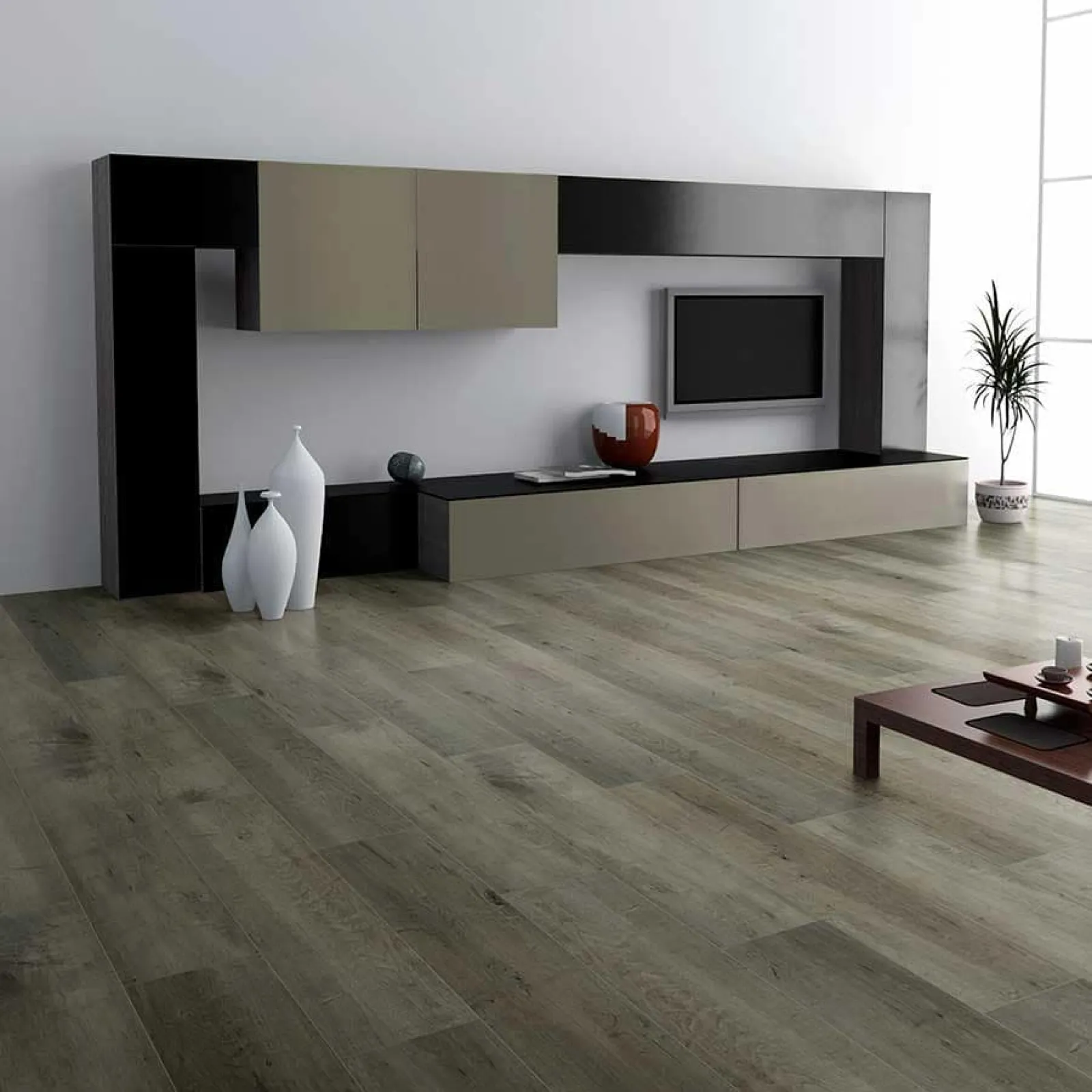 Modern living room with minimalist black and beige entertainment unit, wooden floor, decorative vases, and a potted plant.