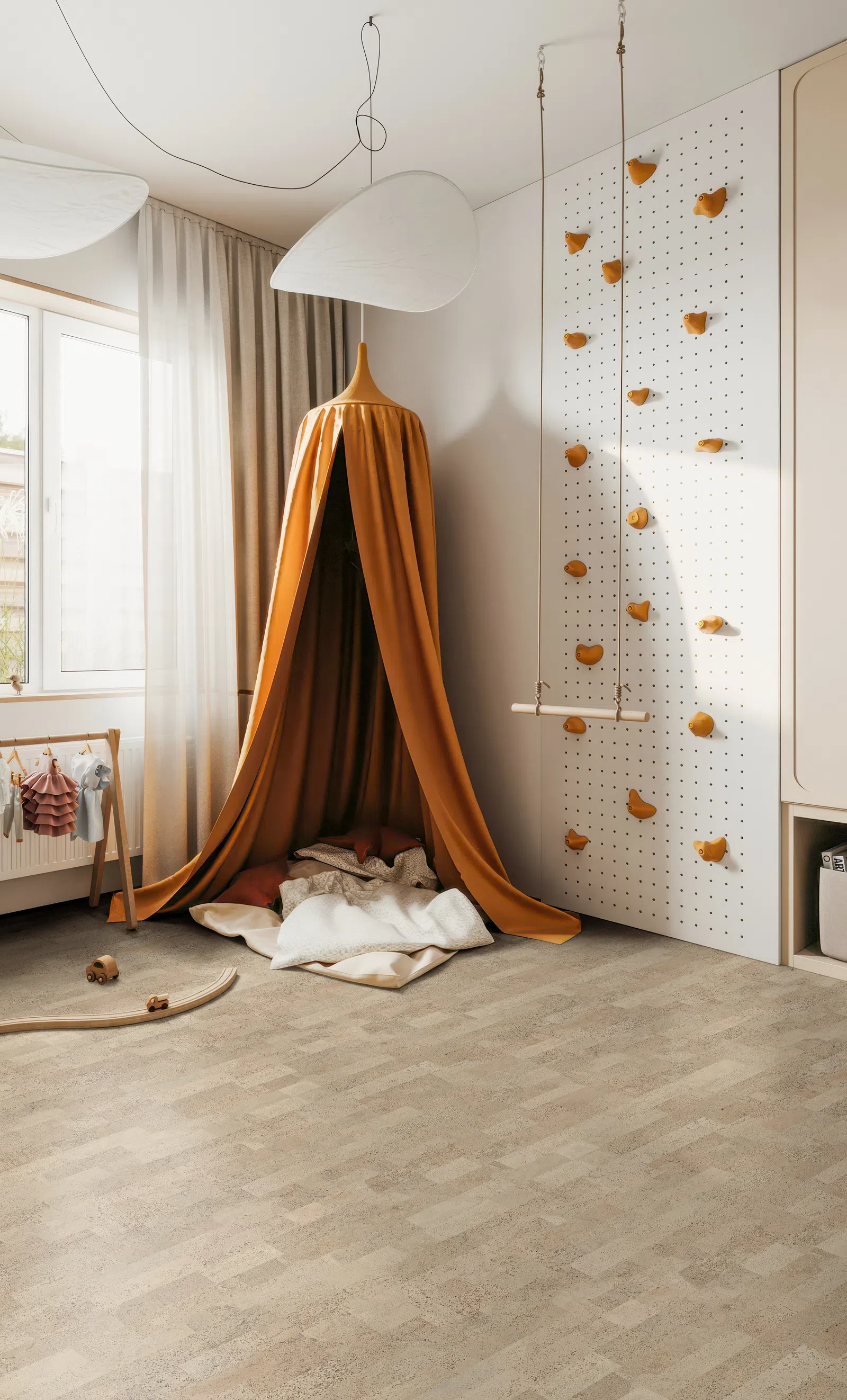 Cozy children's playroom with an orange canopy tent, climbing wall, swing, and soft cushions near window.
