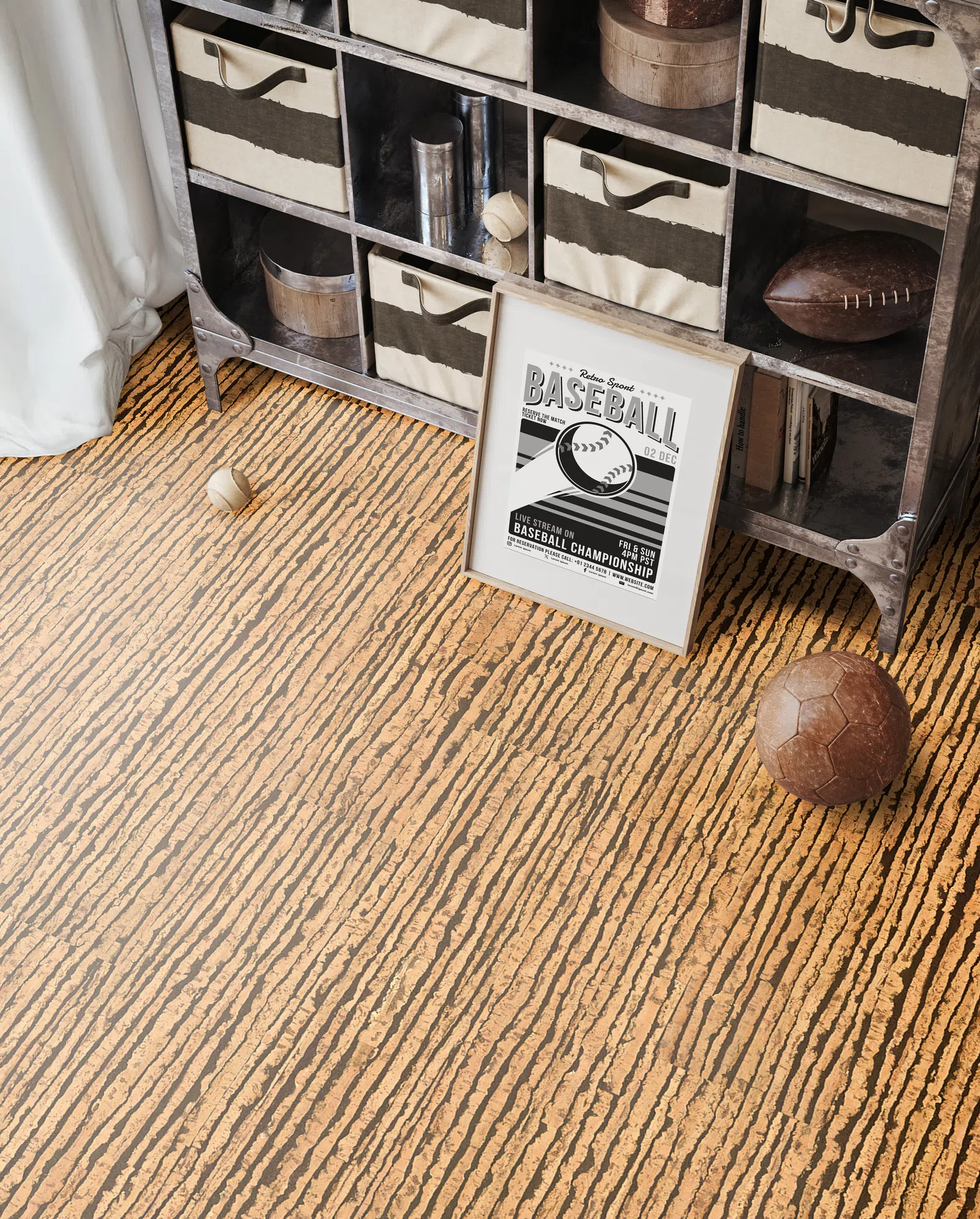 Rustic storage unit with fabric bins, vintage leather balls, and a framed baseball championship poster on textured floor.