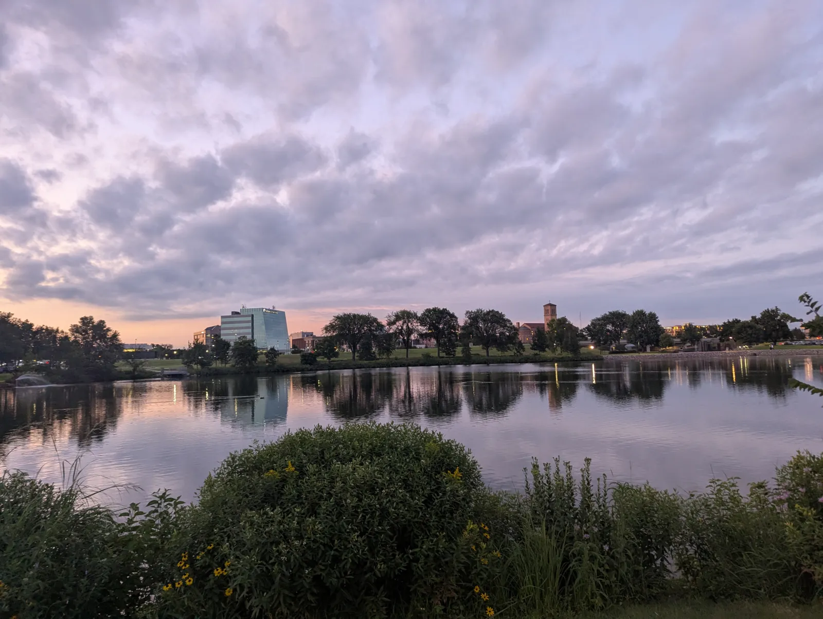 Calm lake reflecting trees and buildings at sunset under a cloudy sky with bushes in the foreground