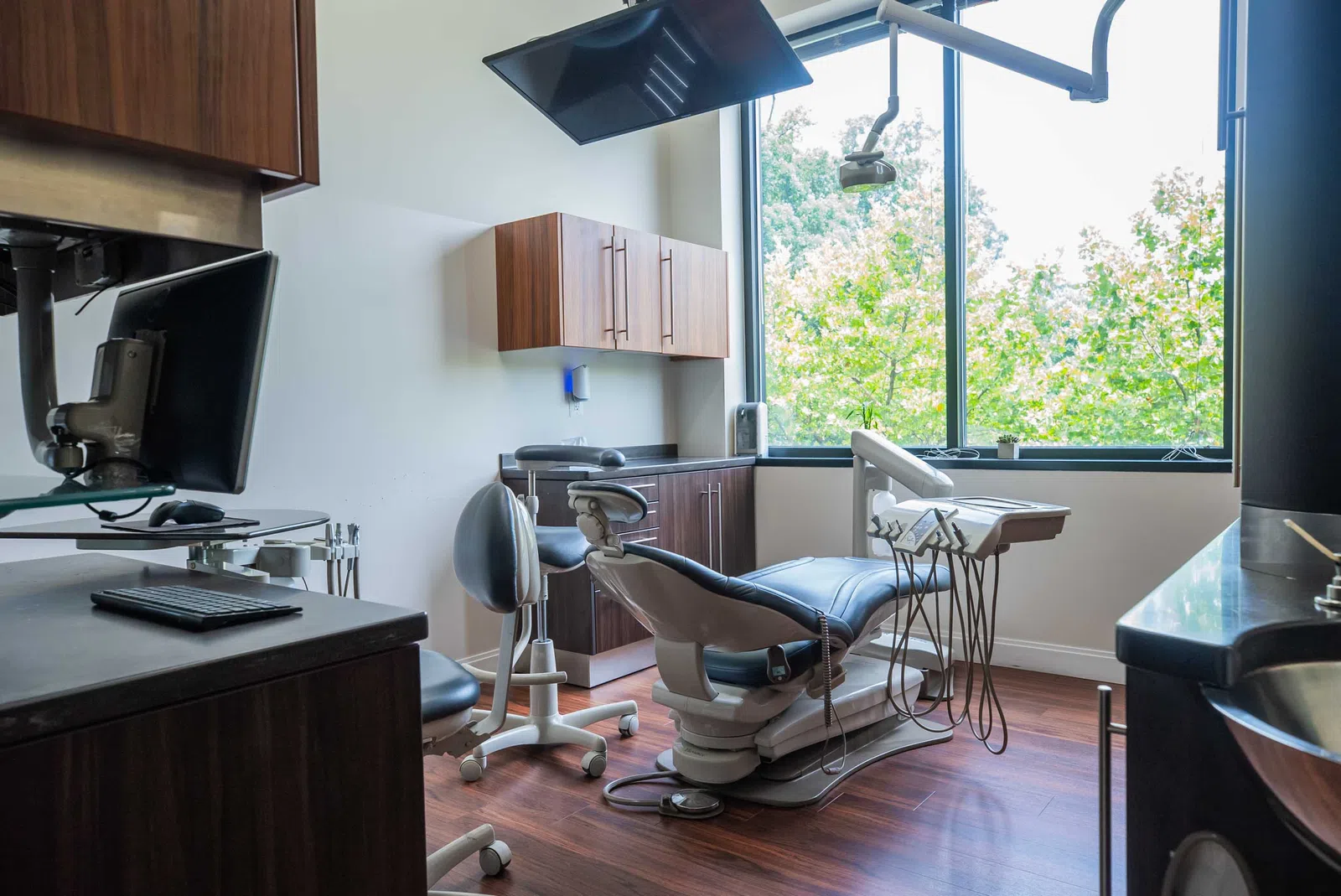 Modern dental clinic room with reclining chair, monitor, overhead light, wooden cabinets, and large window with greenery view.