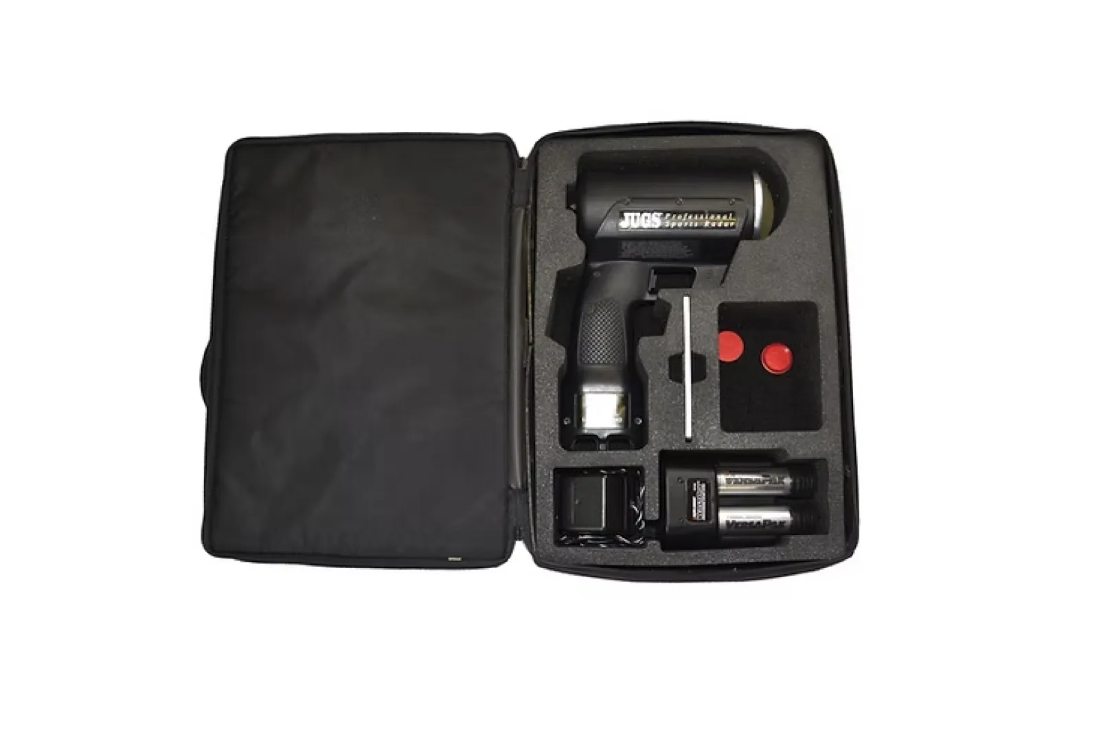 Jugs Sports radar gun kit in a black foam case with remote buttons and battery charger.