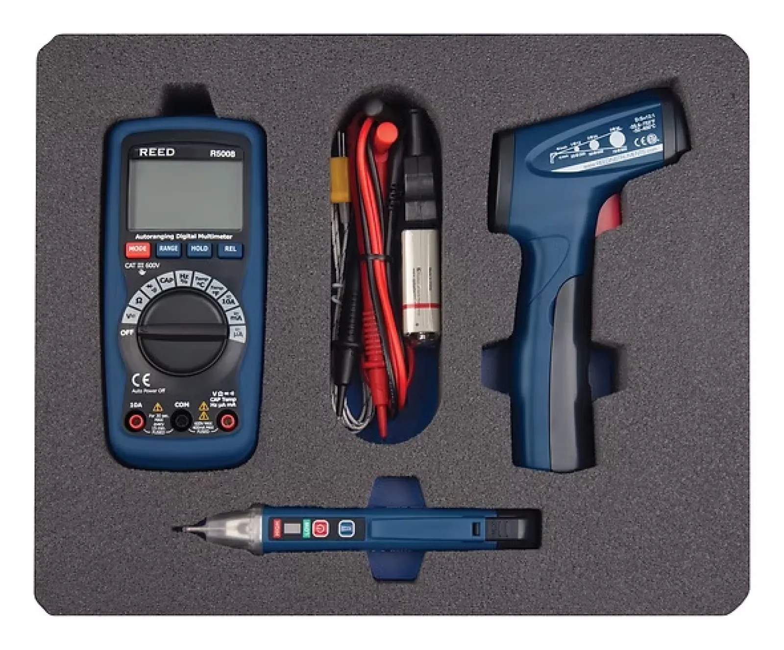 Digital multimeter, infrared thermometer, voltage tester, and test leads in protective foam case.