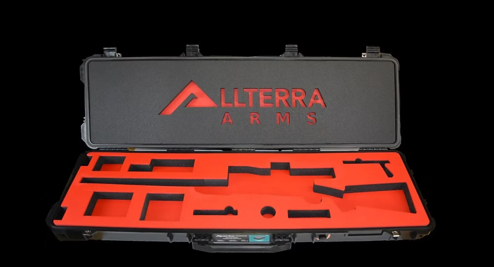 Open black and red rifle case with foam cutouts for firearm components and Allterra Arms logo inside lid.