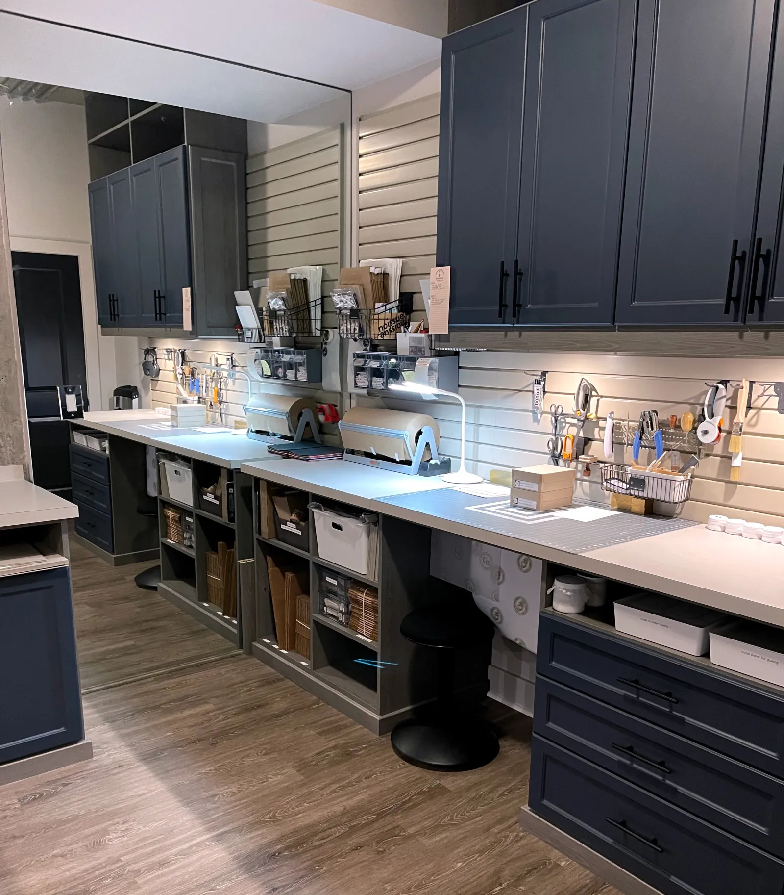 Custom garage workspace with wall tool holder