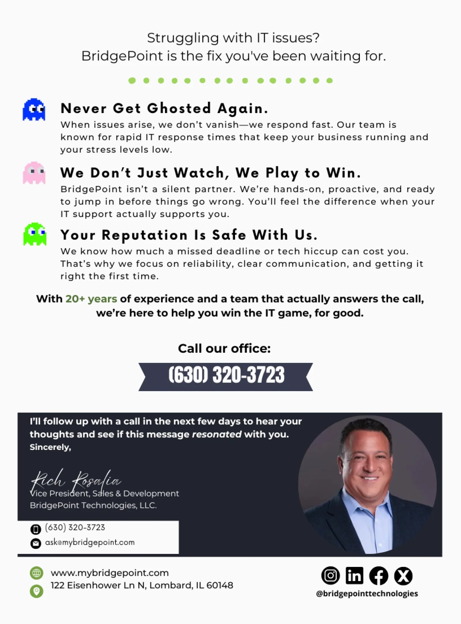 IT support services flyer highlighting rapid response, proactive help, and reliable tech solutions with contact info.