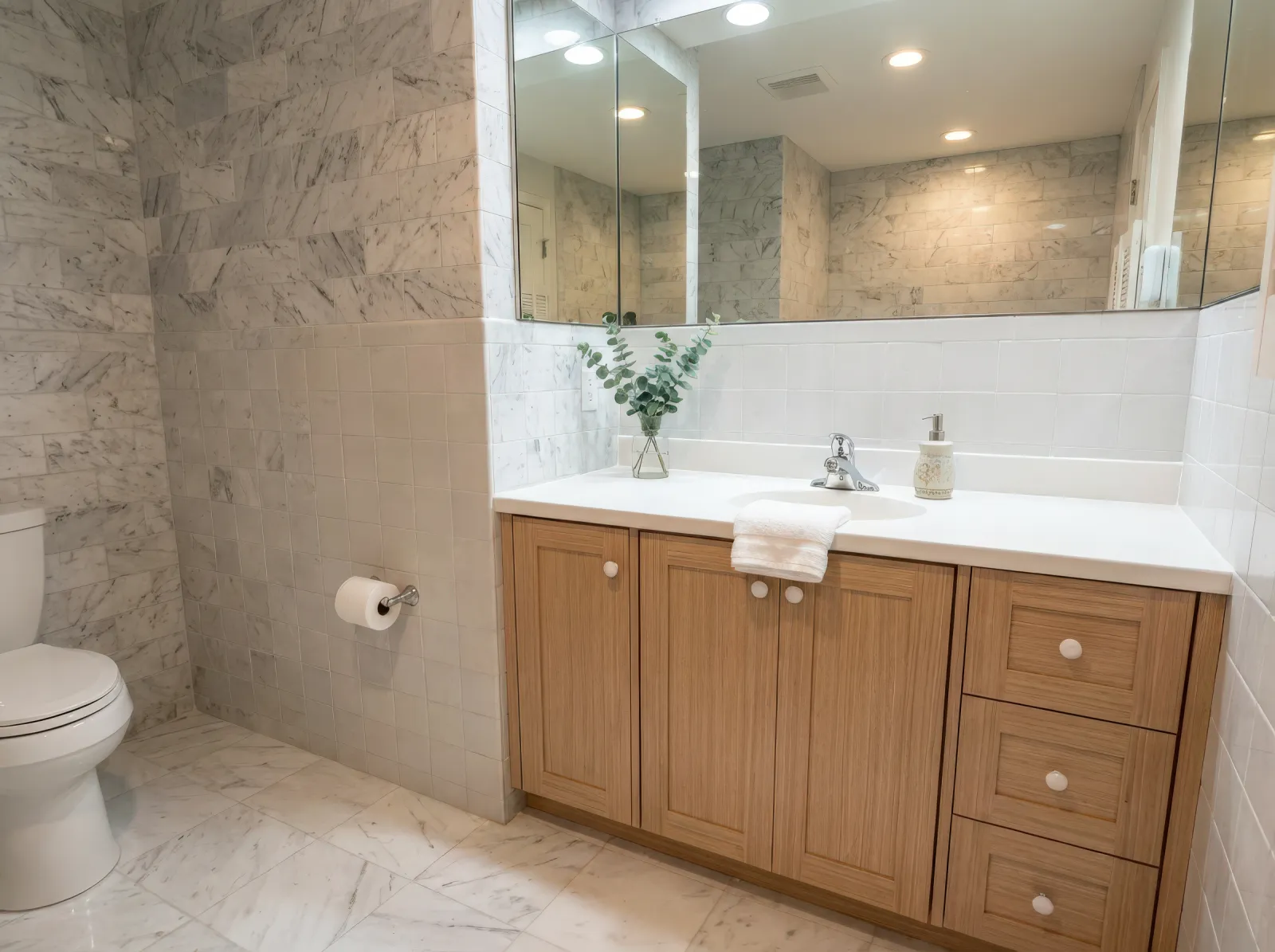 Modern bathroom with marble walls and floor, wooden vanity, large mirror, and white fixtures.