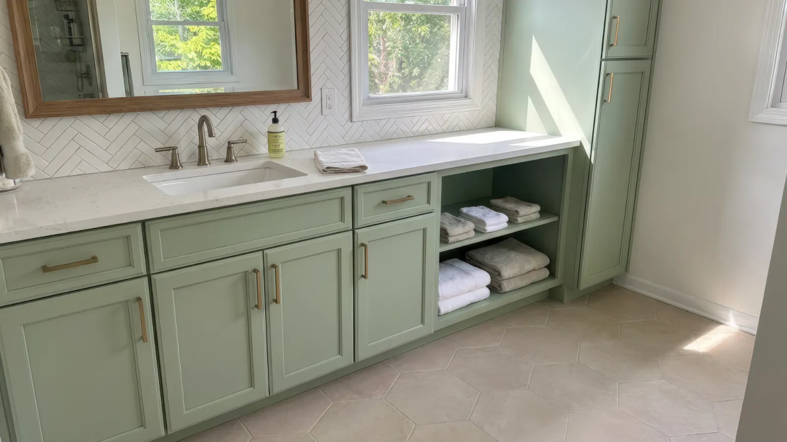 Light green bathroom vanity with marble countertop, large mirror, window, and neatly folded towels on open shelves.