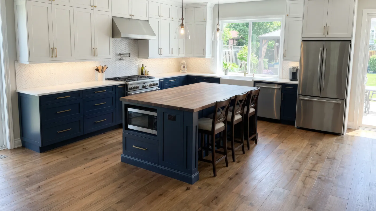 Modern kitchen with navy blue lower cabinets, white upper cabinets, wooden island, and stainless steel appliances.