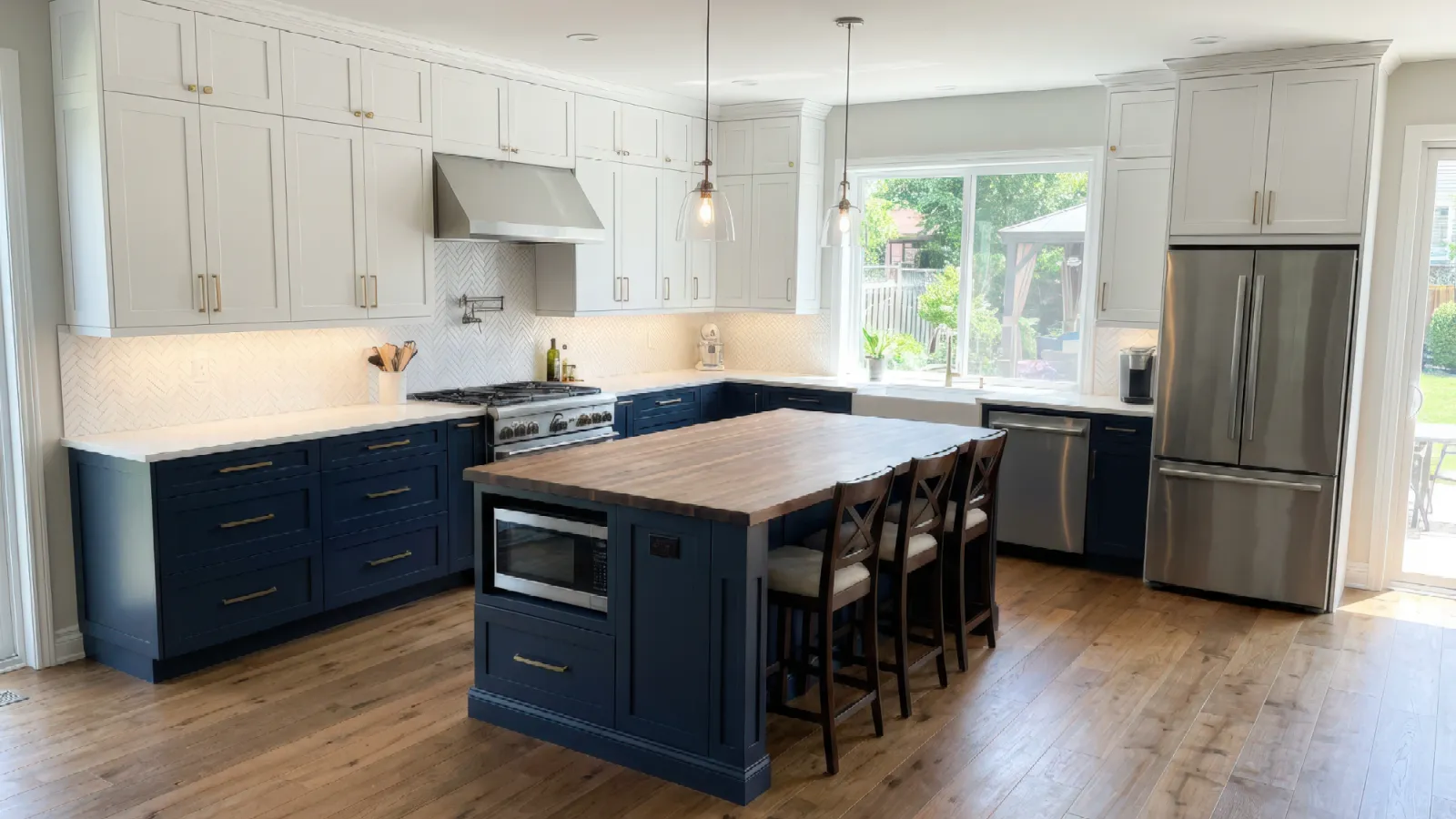 Modern kitchen with navy blue lower cabinets, white upper cabinets, wooden island, and stainless steel appliances.