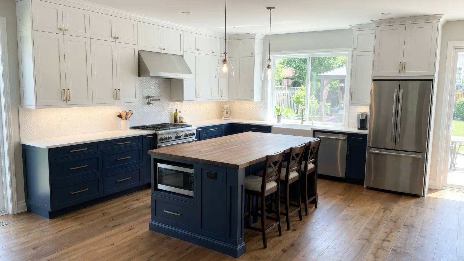 Modern kitchen with navy lower cabinets, white upper cabinets, wood island, stainless steel appliances, and hardwood floors.