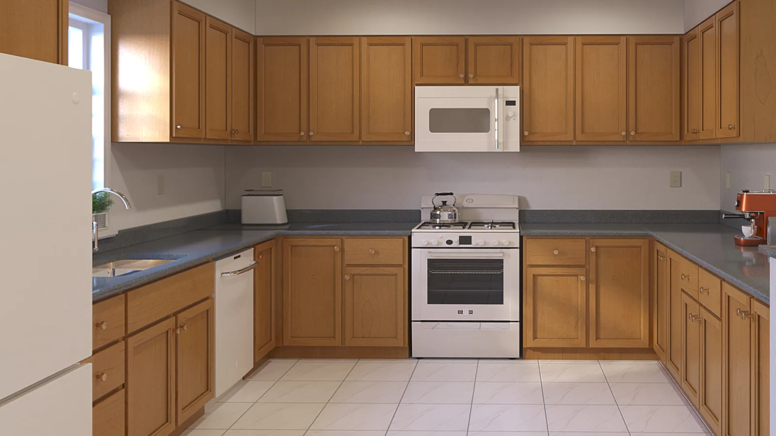 Modern kitchen with wooden cabinets, white appliances, gray countertops, and tiled floor under bright lighting.