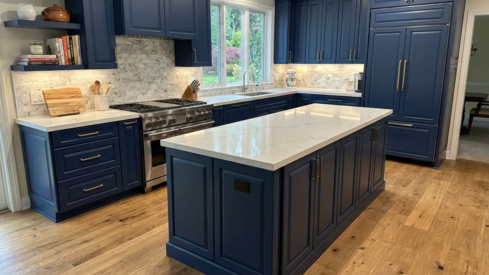Modern kitchen with navy blue cabinets, white marble countertops, stainless steel appliances, and hardwood flooring