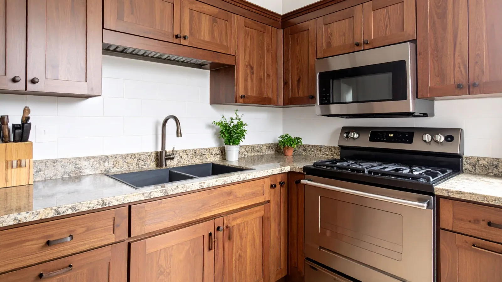 Modern kitchen with wooden cabinets, granite countertops, stainless steel stove, microwave, and dual sink with plants.