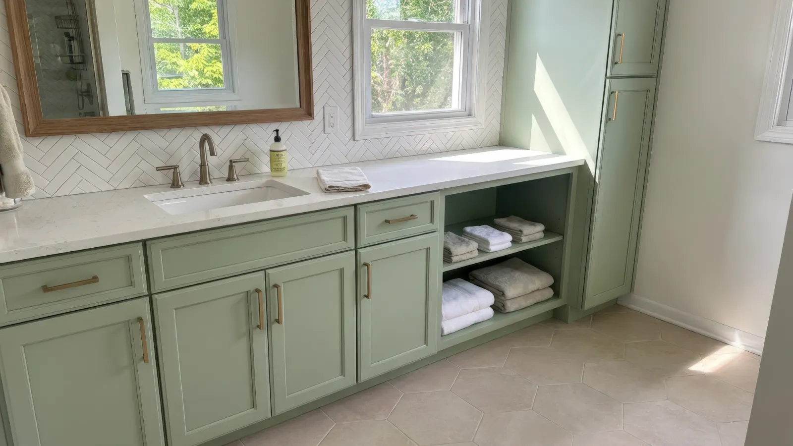 Light green bathroom vanity with marble countertop, large mirror, window, and neatly folded towels on open shelves.