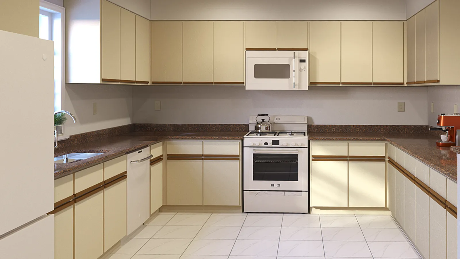 Modern U-shaped kitchen with cream cabinets, brown countertops, white appliances, and tiled floor under natural light.