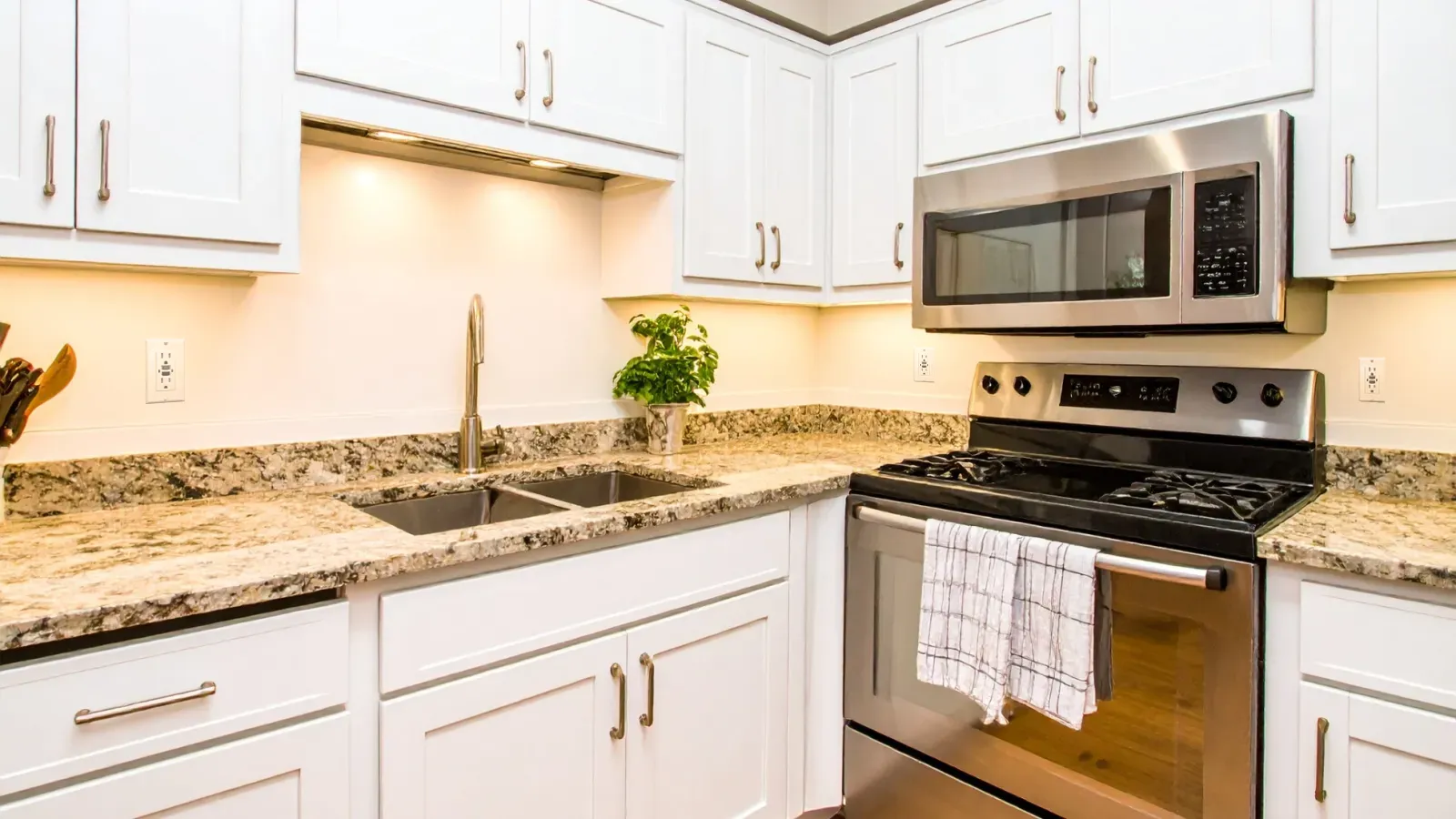 Modern kitchen with white cabinets, granite countertops, double sink, stainless steel oven, and microwave.
