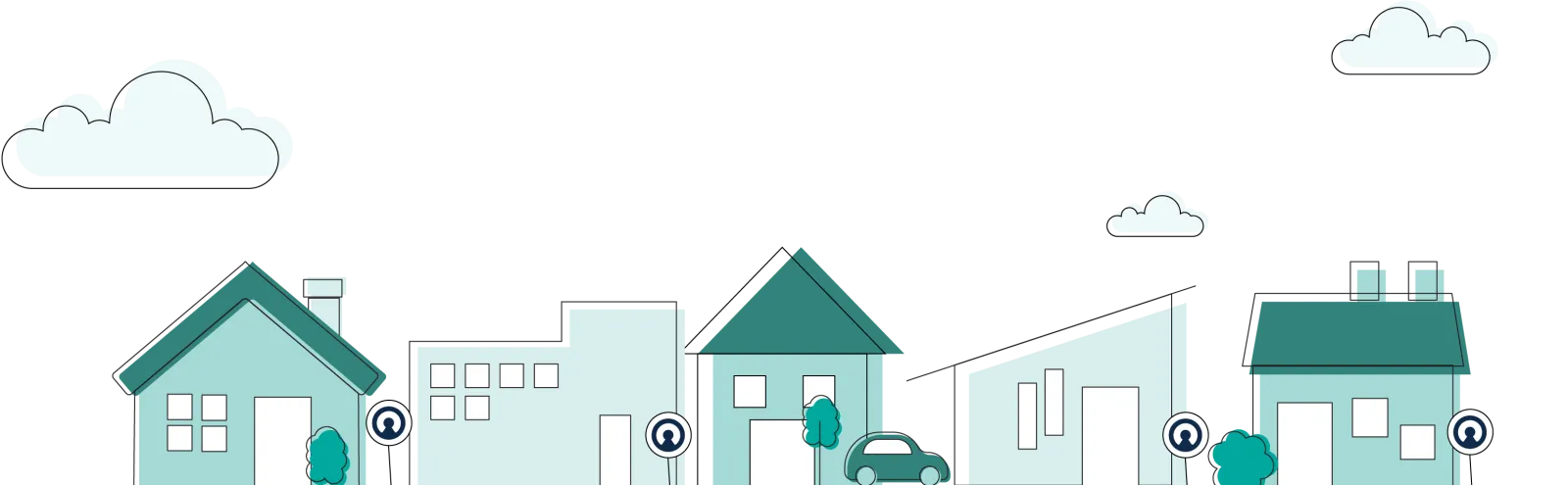 Illustration of a row of modern houses with trees, cars, and clouds in a clean, minimalist style.