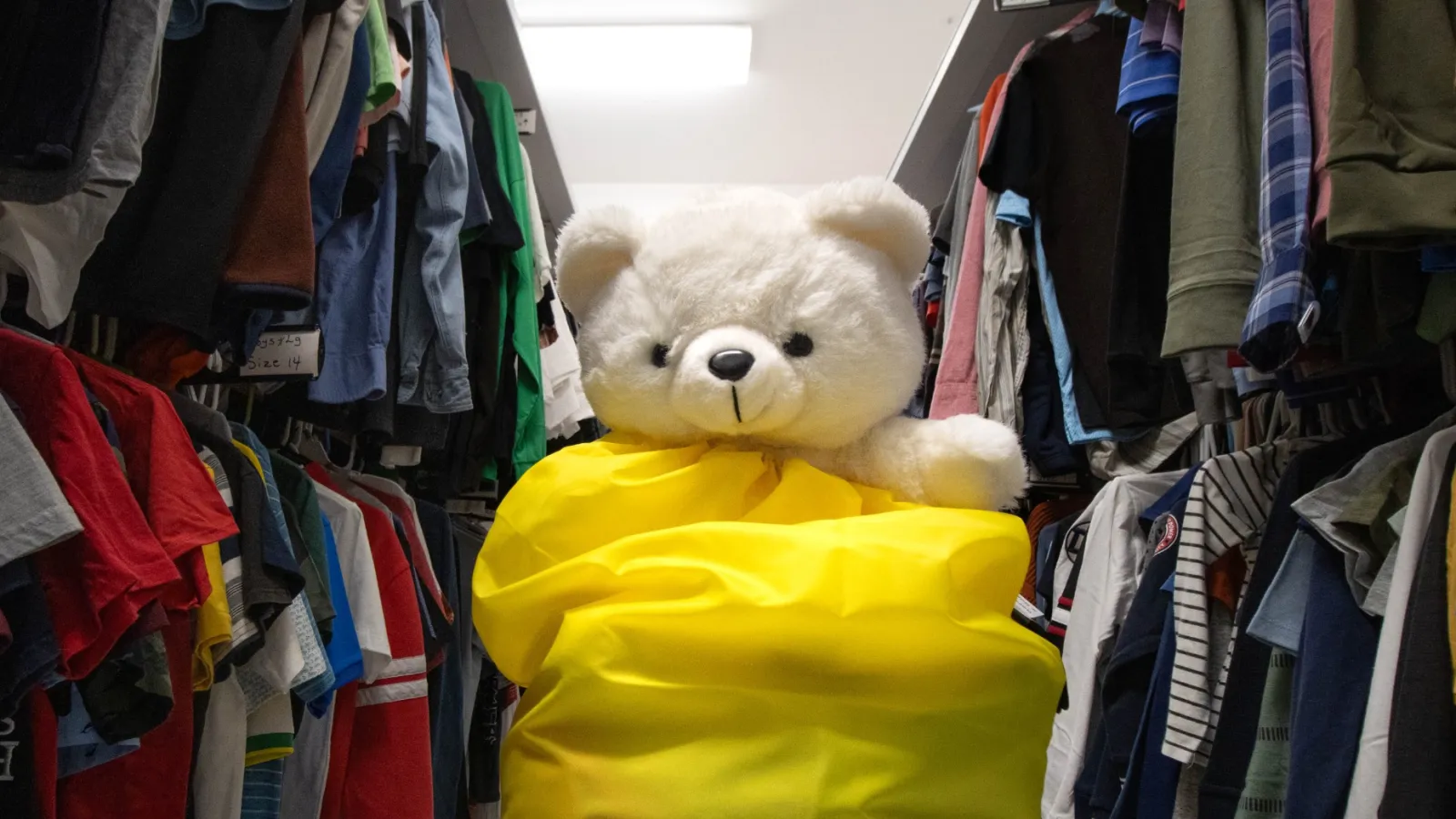 a teddy bear in a clothing donation center