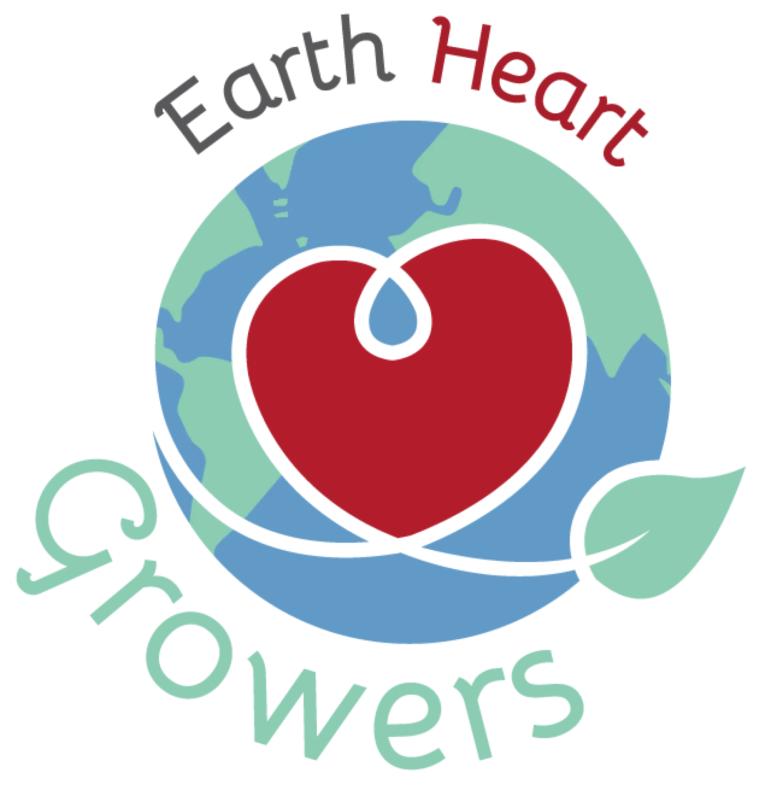 Illustration of a red heart shaped like a seed inside a globe with Earth Heart Growers text and a leaf.