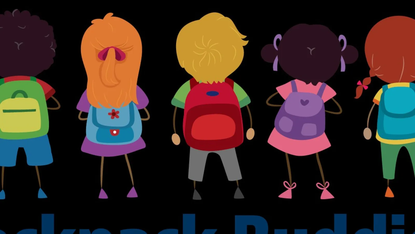 Five diverse children wearing backpacks facing away above Backpack Buddies of Metro Atlanta hunger relief text