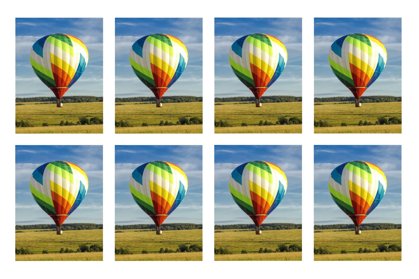 An Example of 8-Up Printing showing eight hot air balloon images 