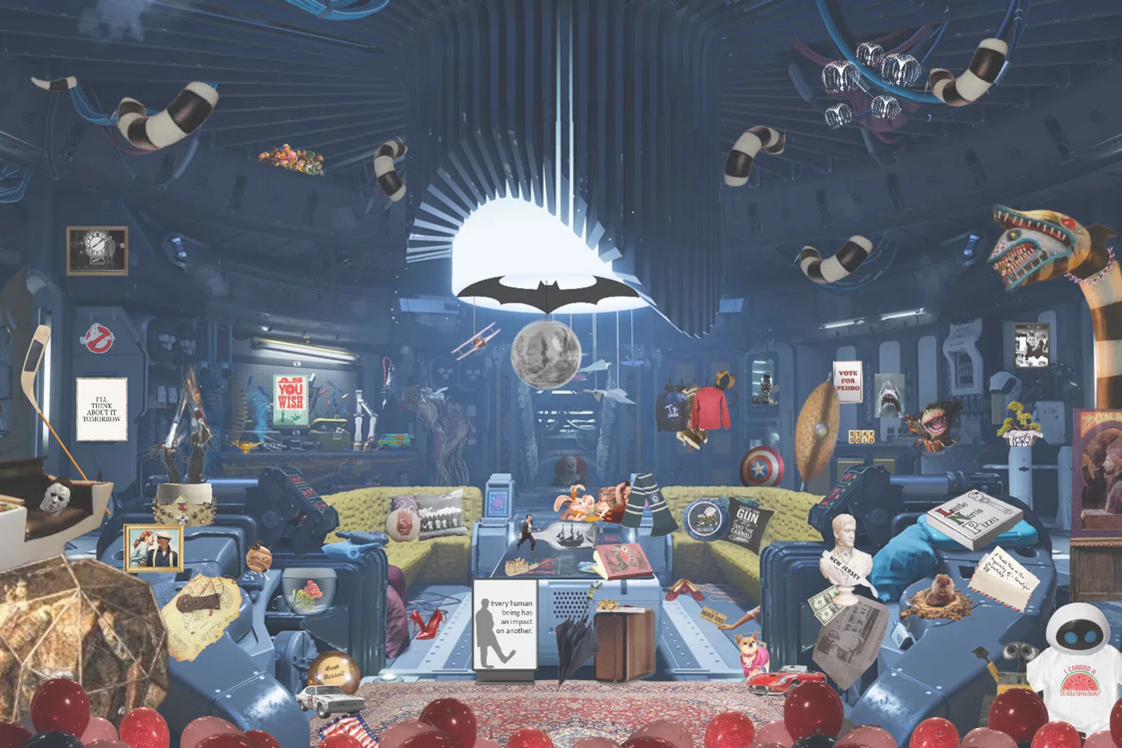 A futuristic room filled with floating retro memorabilia, pop culture items, and sci-fi elements under blue lighting.