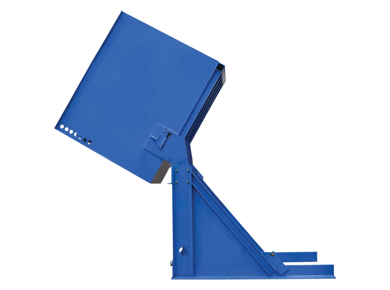 Blue industrial hopper or chute used for material handling isolated on white background
