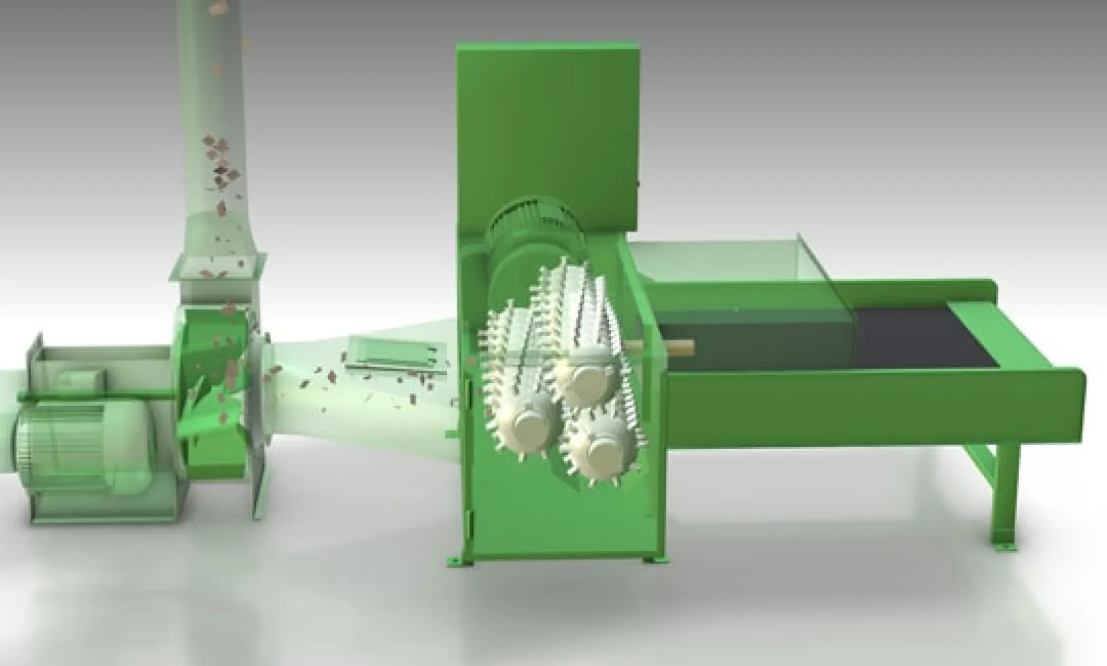 Green industrial machine with gears processing material on a conveyor system in a clean environment.