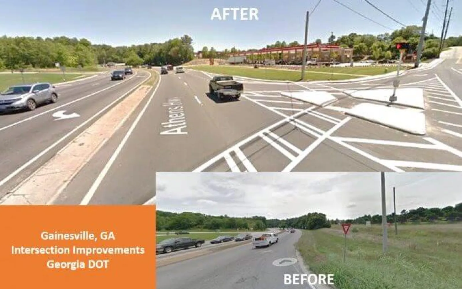 Gainesville GA road intersection before and after improvements by Georgia DOT showing wider lanes and clearer markings.