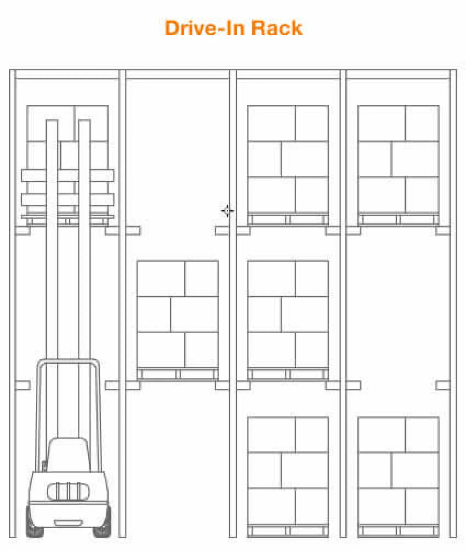 Detailed technical drawing of a multi-level industrial rack with labeled dimensions and safety features.