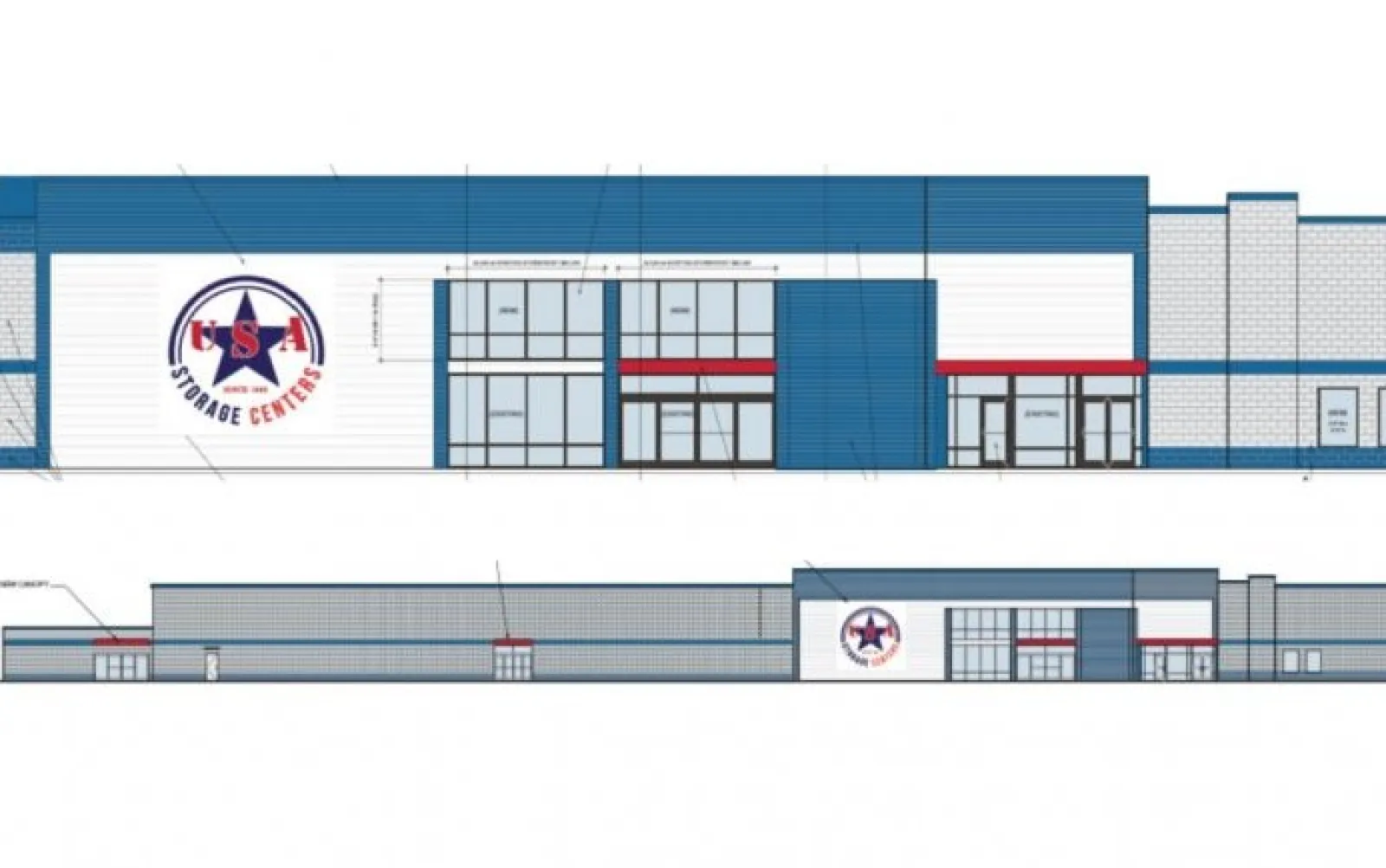 Architectural rendering of a blue and white storage center building with large windows and branded logo.