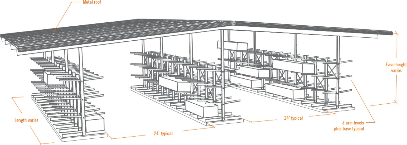 Diagram of a large metal structure with labeled dimensions and parts in orange text on a black background.