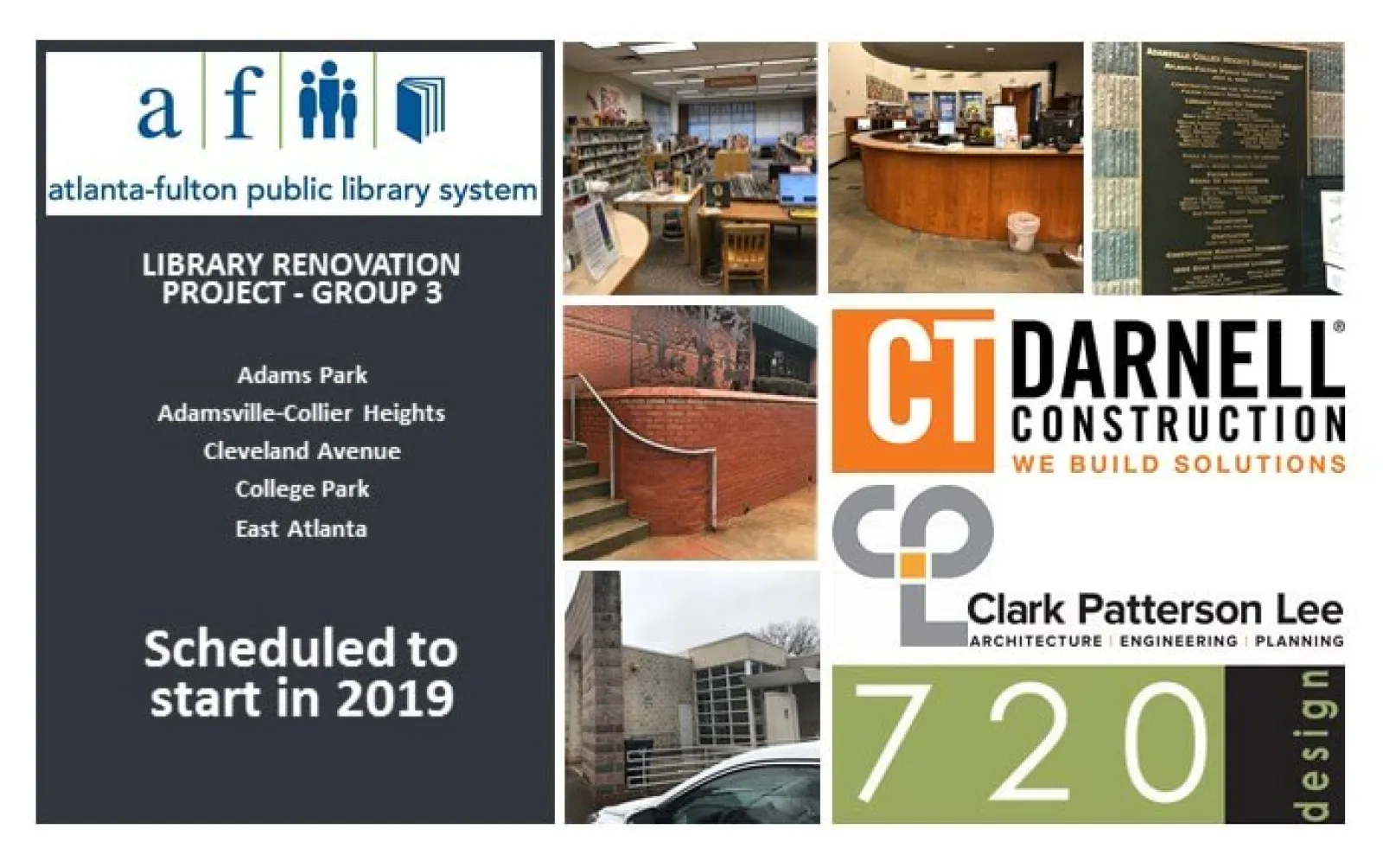 Atlanta-Fulton Public Library renovation project images and construction partner logos scheduled for 2019 start.