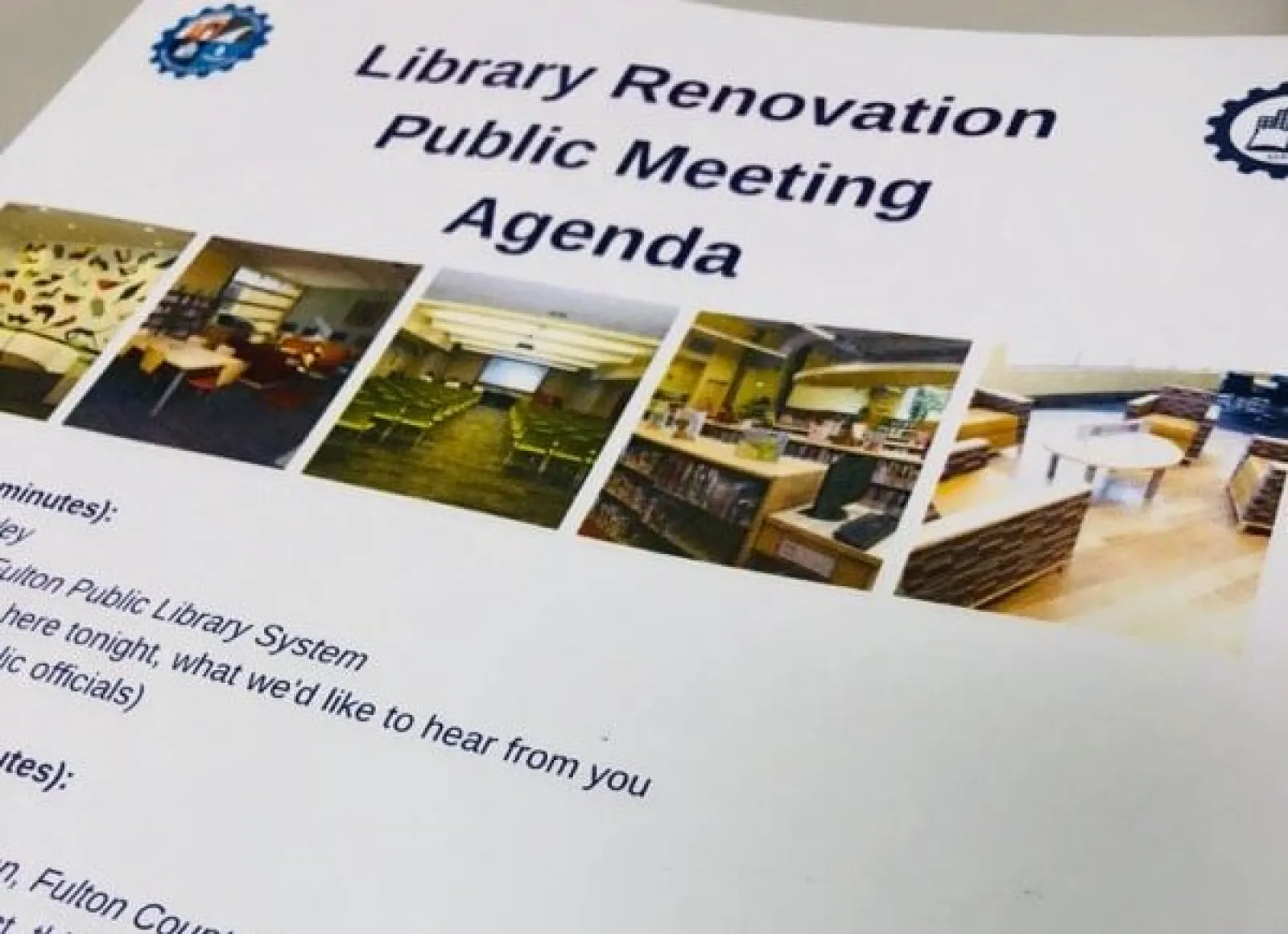 Library Renovation Public Meeting agenda with photos of library interiors and seating areas.
