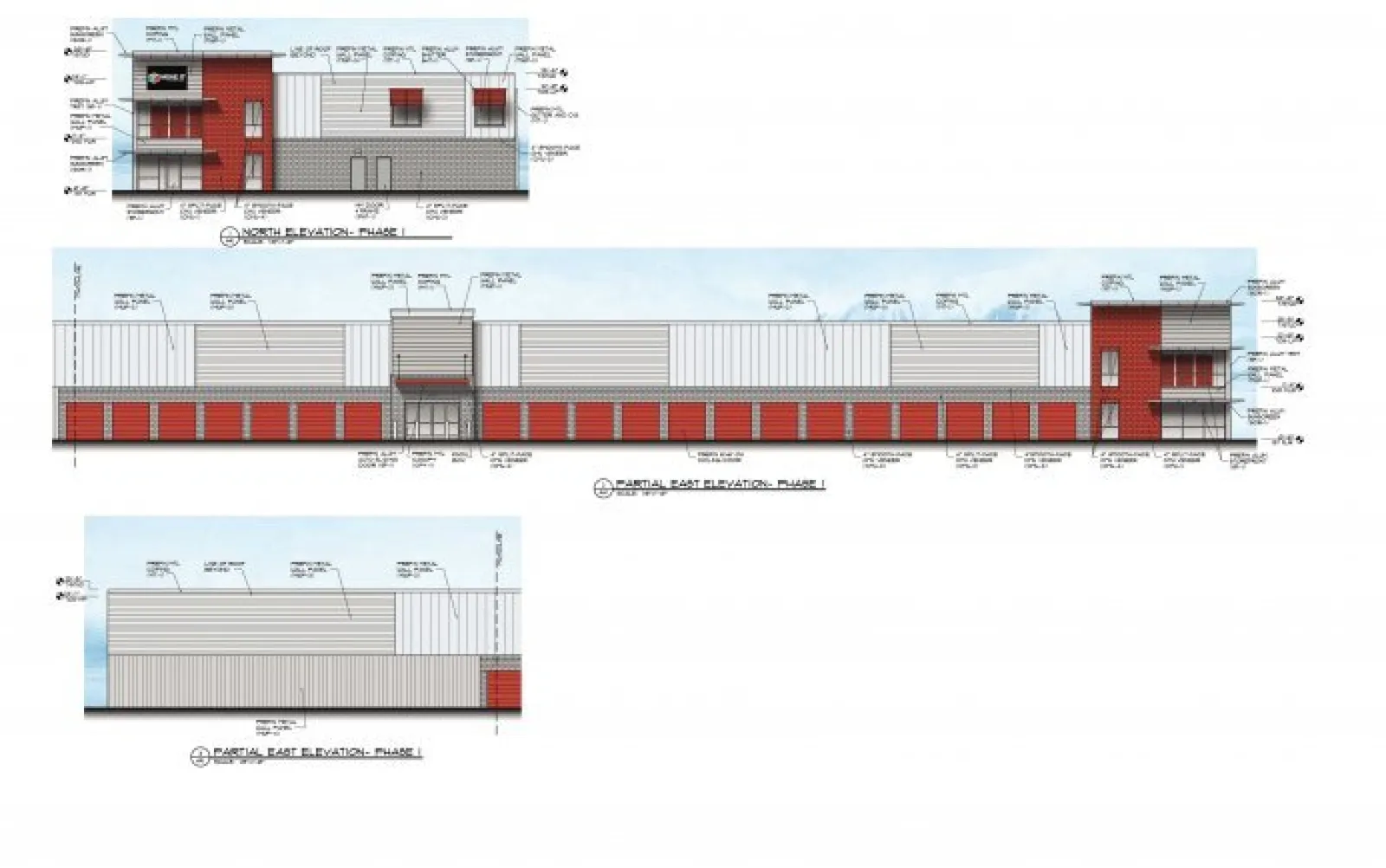 Architectural elevation plans showing front and side views of a two-story commercial building with red accents.