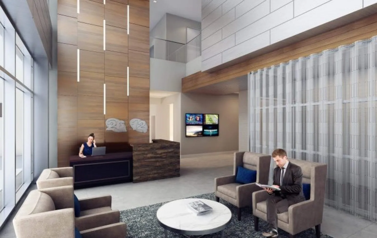Modern office lobby with wooden accents, reception desk, seating area, and man reading a tablet.