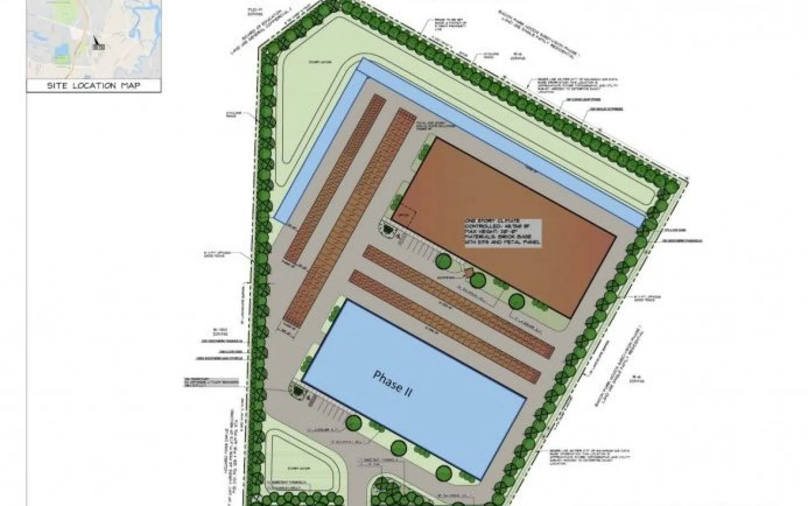 Site plan showing two building phases with parking, green buffers, and a site location map in the corner